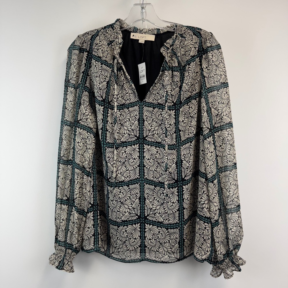 Loft Women Small Floral Print Split Neck Tie Blouse Long Sleeve Teal Black NWT
